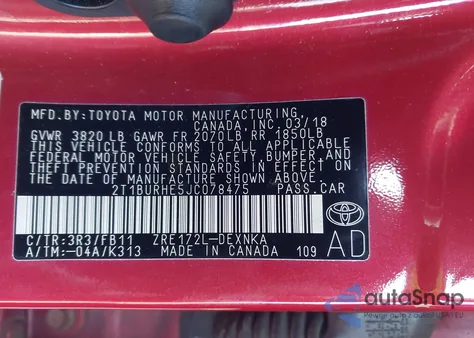 2018 Toyota Corolla Le из США, поврежденный, VIN 2T1BURHE5JC078475